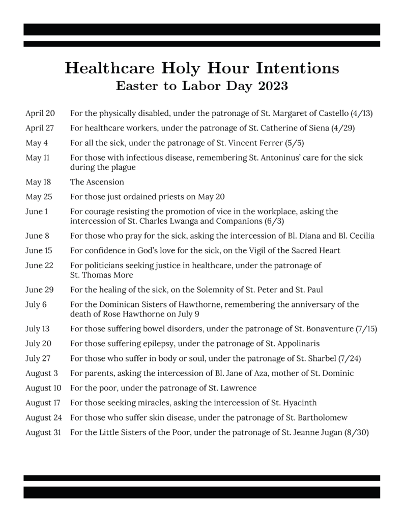 Healthcare Holy Hour Schedule of Intentions: Easter to Labor Day 2023