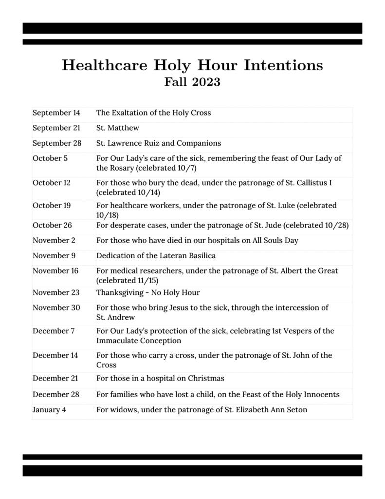 Healthcare Holy Hour Intentions, Fall 2023